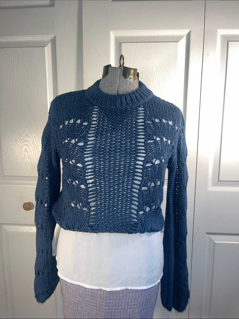 Blue Open-Knit Layered Pullover Cropped Sweater